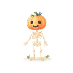 A cheerful skeleton dons a smiling pumpkin head, a whimsical Halloween watercolor illustration.