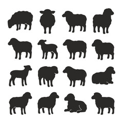Sixteen sheep silhouettes in various poses, including standing, lying down, and facing forward.