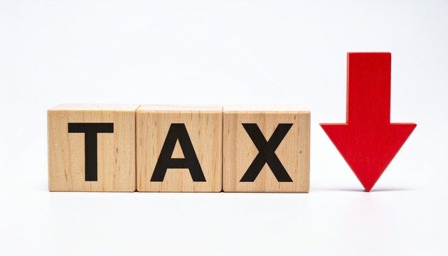 The word "TAX" spelled out in wooden blocks, followed by a red arrow pointing down, symbolizing lower taxes or a tax decrease.
