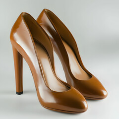 A pair of leather high-heel shoes with a chunky heel, sitting elegantly on a clean white background
