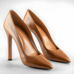 A pair of leather high-heel shoes with a chunky heel, sitting elegantly on a clean white background
