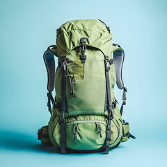 A green hiking backpack, isolated in front of a light blue background