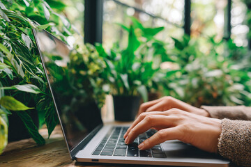 Woman tipping in her laptop at home surrounded by plants