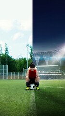 A young soccer player in action on a 3D field as the sky transitions from day to night, skillfully handling a ball. Concept of transition from playground to stadium