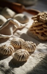Artisanal dumplings, meticulously folded and floured, are beautifully illuminated by natural light.