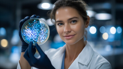 Naklejka premium Researcher Examining Microbial Growth Patterns in Petri Dish