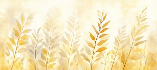 Soft Botanical Serenity with Sun-Kissed Leaves in Watercolor Light, Creating a Tranquil Atmosphere