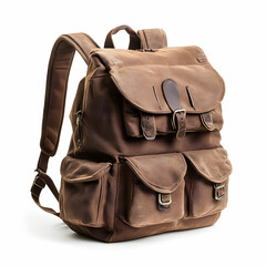 A large brown backpack with multiple pockets, isolated on a clean white background
