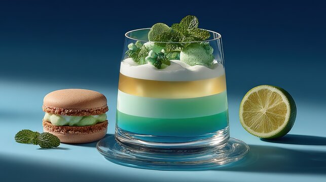 Glass of colorful layered mint dessert topped with mint and ice cream, beside macaron and lime on a blue background, showcasing a creative dessert combination