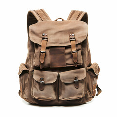 A large brown backpack with multiple pockets, isolated on a clean white background