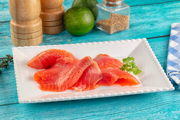 Delicous sliced salmon fillet  ready to eat
