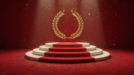 gold laurel wreath on red carpet award podium, ceremony and victory celebrations
