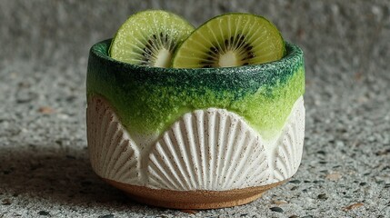 Green gradient - textured ceramic cup with two kiwi slices inside, on a gray rough surface, showcasing a creative fruit container