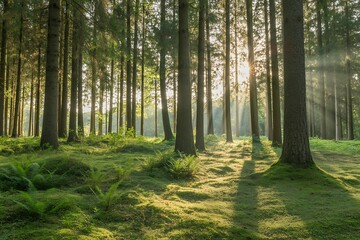 Obraz premium Sunlit forest with mossy ground and ferns trees sunlight