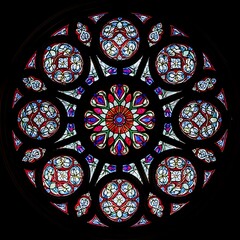 Intricate rose window with vibrant geometric patterns and colorful stained glass.