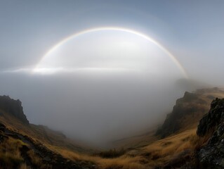 Rainbow arc captured above soft fog layer over terrain.