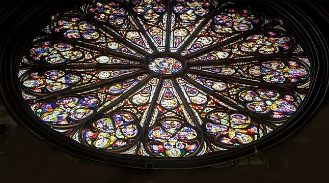 Vibrant stained glass rose window showcasing intricate patterns and colorful designs.