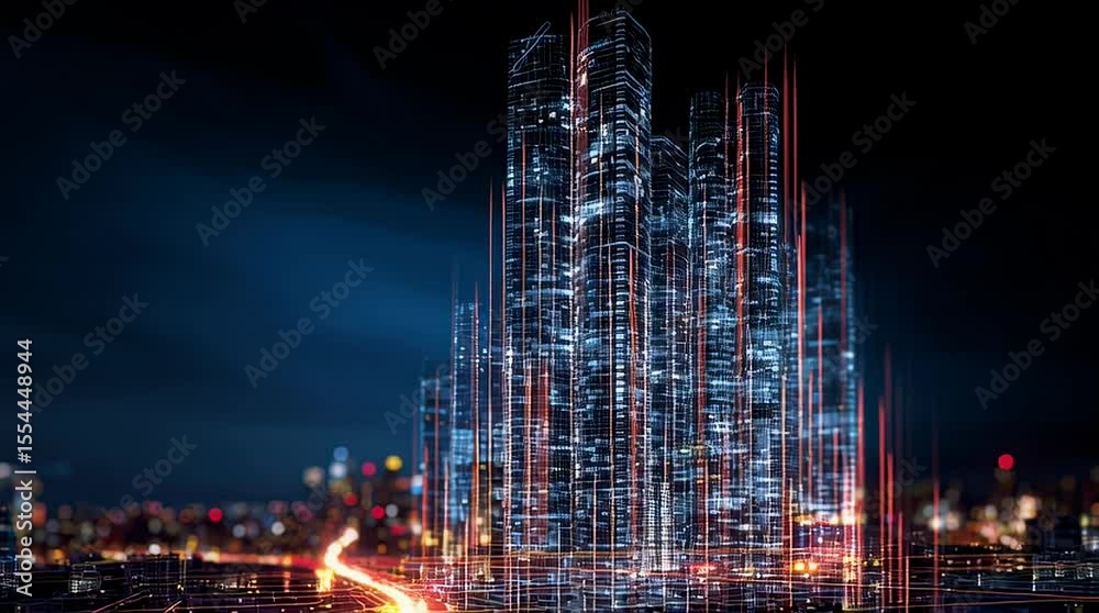 Poster digital cityscape at night futuristic skyscrapers and data streams