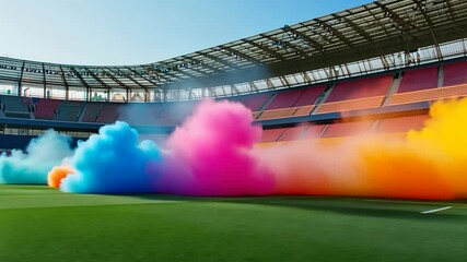 Colorful Smoke Explodes on Soccer Field Stadium