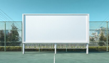 Blank white billboard stands ready on a green tennis court under a clear blue sky, perfect for custom content.
