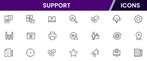 Vector illustration web line icon collection for support: help desk, chat, customer service, and assistance symbols in a friendly, modern, and approachable design style.