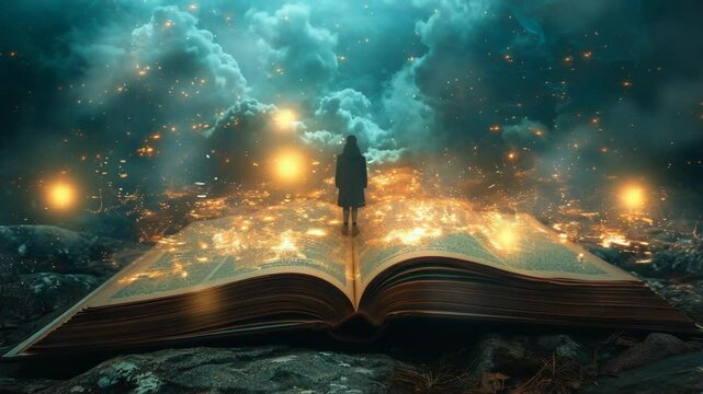 back view of a man standing on open magic book with glowing light and smoke drift around