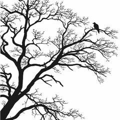 Fototapeta premium Silhouette of a barren tree with a perched bird against a white background illustration