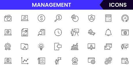 Vector illustration web line icon collection for management: leadership, planning, teamwork, and strategy symbols in a professional, modern, and organized design style.