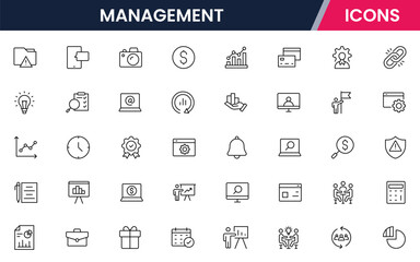 Vector illustration web line icon collection for management: leadership, planning, teamwork, and strategy symbols in a professional, modern, and organized design style.