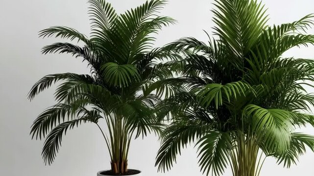 Pair of areca palm plants in white minimalist pots against a white wall providing modern botanical interior decoration.