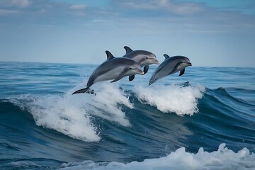 Naklejka premium Three dolphins leaping through ocean waves jumping