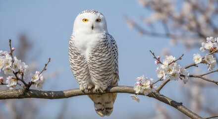 Fototapeta premium A Majestic Snowy Owl Perched on a Blooming Cherry Blossom Branch on a Clear Day