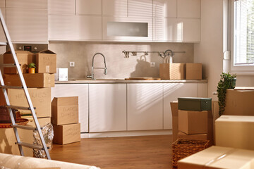 Boxes are scattered across a bright, modern kitchen as a family prepares for their move to a new home, filling the space with anticipation and organized chaos.
