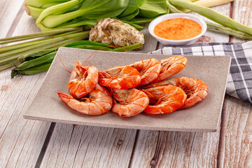 Delicous boiled tiger prawn with sauce