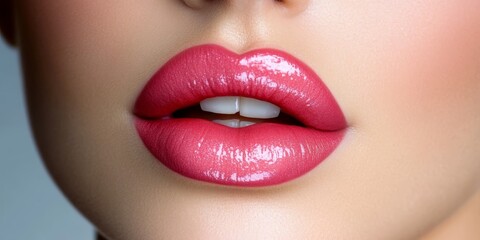 Fototapeta premium Close-Up Portrait of a Beautiful Woman with Purple Permanent Makeup on Luscious Lips for Fashion