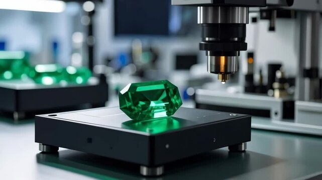 Precise gemstone testing using automated probe machine in laboratory setting, quality control process with large emerald on adjustable stage