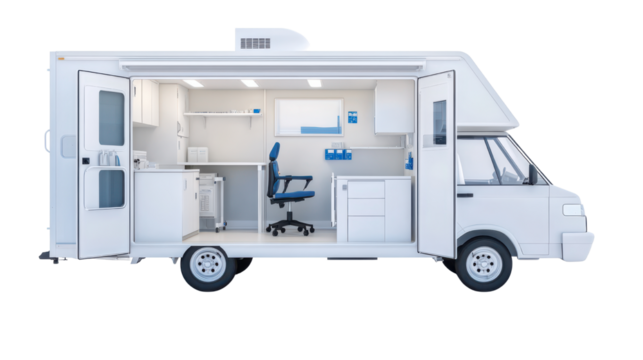 Mobile medical clinic interior design showcasing functional workspace, office chair, and equipment layout