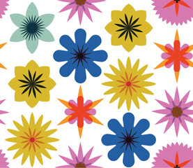 Colorful floral seamless vector pattern creating a lively and vibrant design, featuring various geometric flower shapes and colors, suitable for textile, wallpaper, or other decorative applications