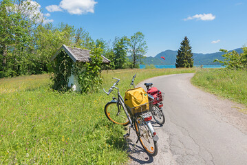 bike tour around lake Walchensee. two bicycles at Zwergern isola. landscape bavaria