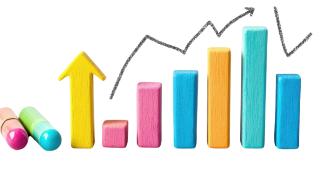 Colorful Wooden Blocks with Chart Arrows Representing Growth and Progress in Financial Concepts