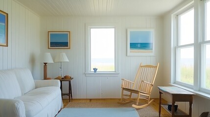 Fototapeta premium White living room with coastal decor.