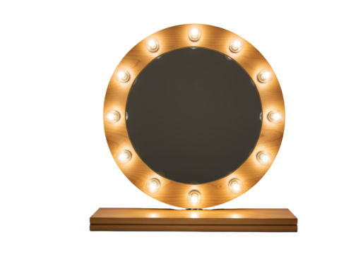 Isolated Illuminated Vanity Mirror with Wooden Frame and Bulbs