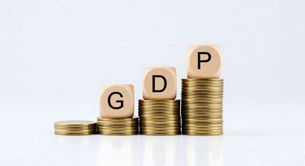 GDP blocks placed on ascending steps made of stacked coins, symbolizing economic growth, financial success, and prosperity on white background JPG