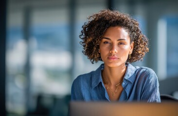 Confident businesswoman thoughtfully gazes ahead, bathed in soft sunlight.