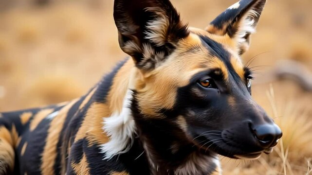 Witness the striking beauty of an adult African wild dog showcasing its unique patchy fur, dark eyes, and narrow snout in its natural grassland habitat.