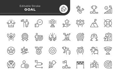 Goal line icon set. Target, achievement, success, victory, winner, prize, award, cup, rewarding, mission, solution, successful, medal and more. Outline icon in linear style. Vector collection.	
