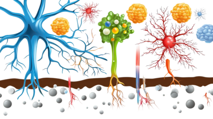 Colorful Cellular Structures Illustrating Neurons and Immune Cells in Biological Research Context