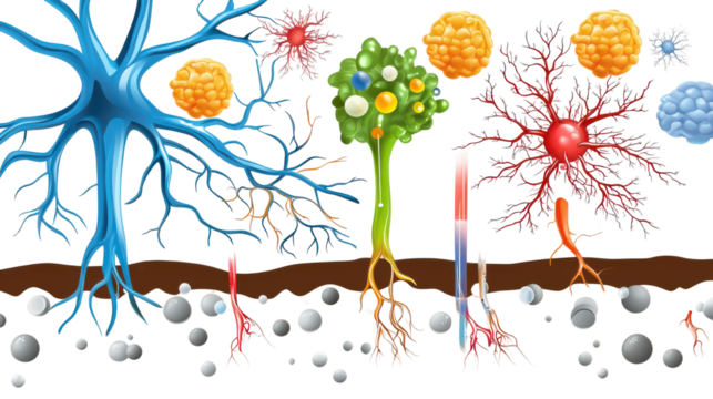 Colorful Cellular Structures Illustrating Neurons and Immune Cells in Biological Research Context