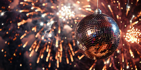 A shimmering disco ball reflects colorful fireworks in a festive celebration
