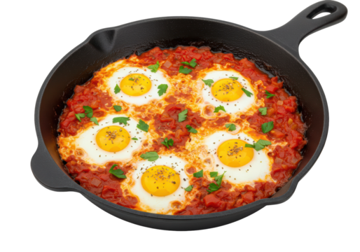 Isolated Shakshuka Dish with Eggs in Tomato Sauce Served in a Pan
